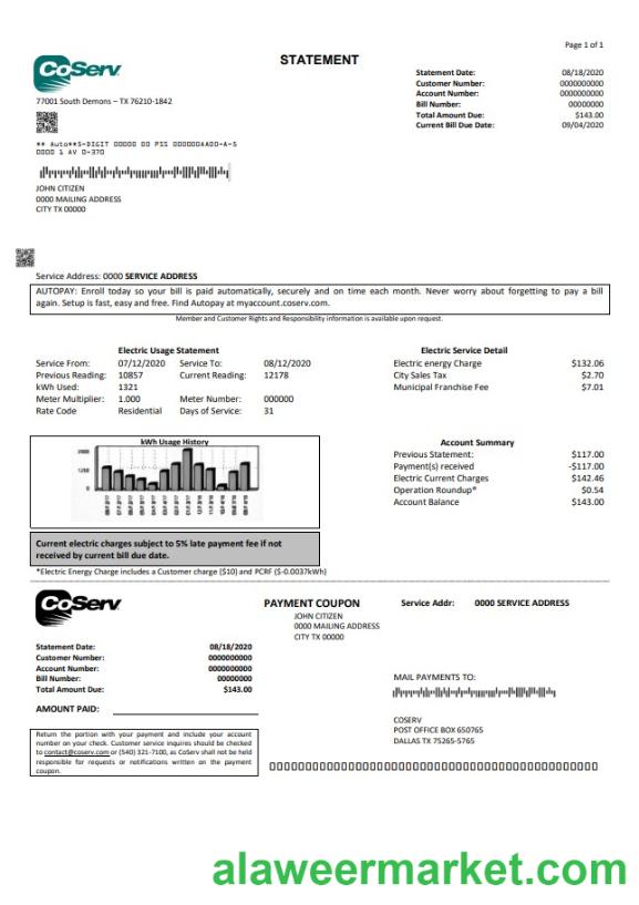 USA Texas CoServ utility bill template in Word and PDF format